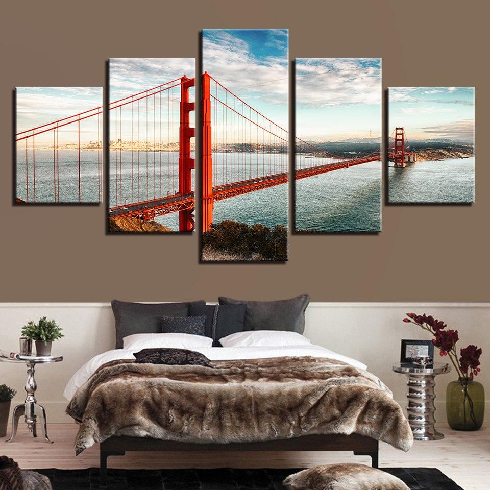 Golden Gate Bridge 5 Piece HD Multi Panel Canvas Wall Art Frame - Original Frame