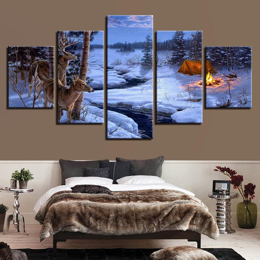 Ice Lake Deer 5 Piece HD Multi Panel Canvas Wall Art Frame - Original Frame