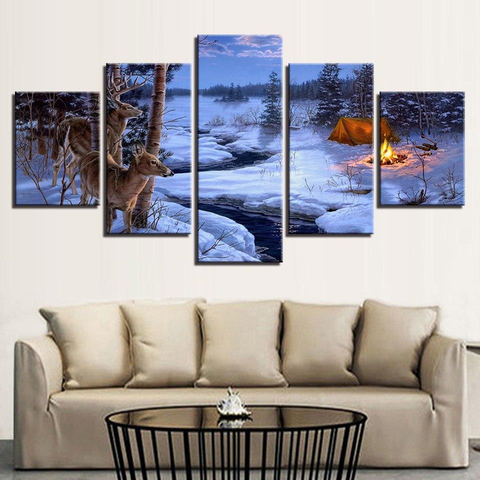 Ice Lake Deer 5 Piece HD Multi Panel Canvas Wall Art Frame - Original Frame