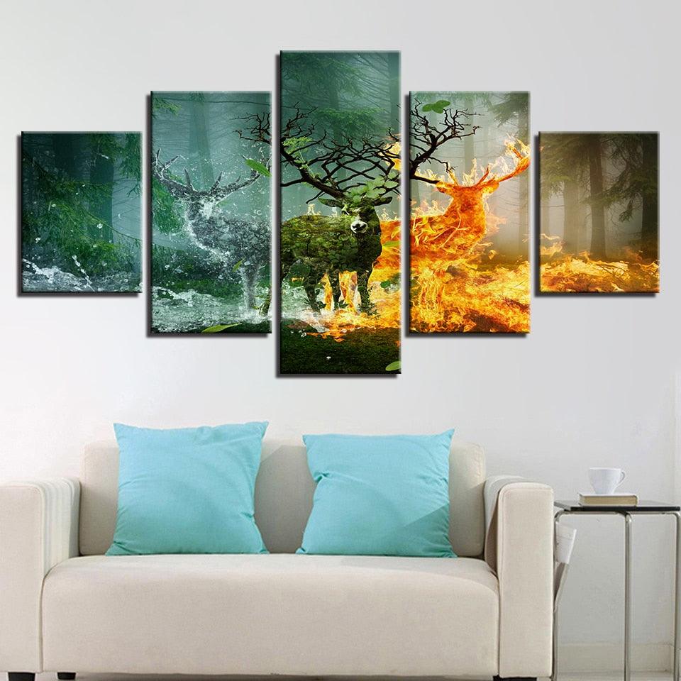 Elemental Deer Forest 5 Piece HD Multi Panel Canvas Wall Art Frame - Original Frame