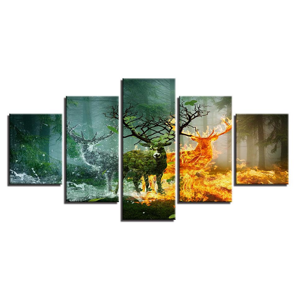 Elemental Deer Forest 5 Piece HD Multi Panel Canvas Wall Art Frame - Original Frame
