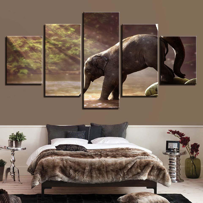 Elephant Drinking 5 Piece HD Multi Panel Canvas Wall Art Frame - Original Frame