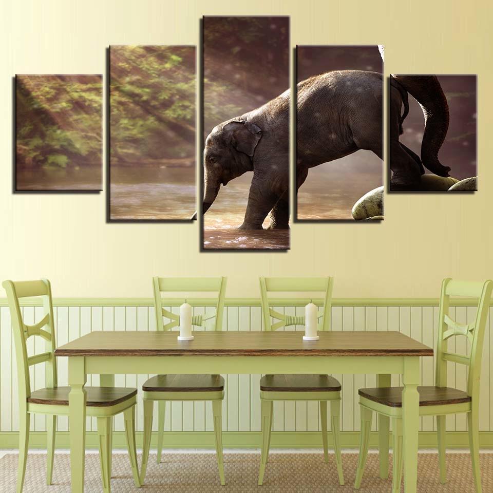 Elephant Drinking 5 Piece HD Multi Panel Canvas Wall Art Frame - Original Frame