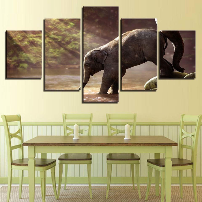 Elephant Drinking 5 Piece HD Multi Panel Canvas Wall Art Frame