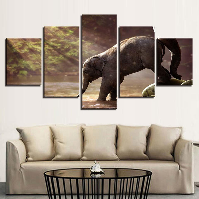 Elephant Drinking 5 Piece HD Multi Panel Canvas Wall Art Frame