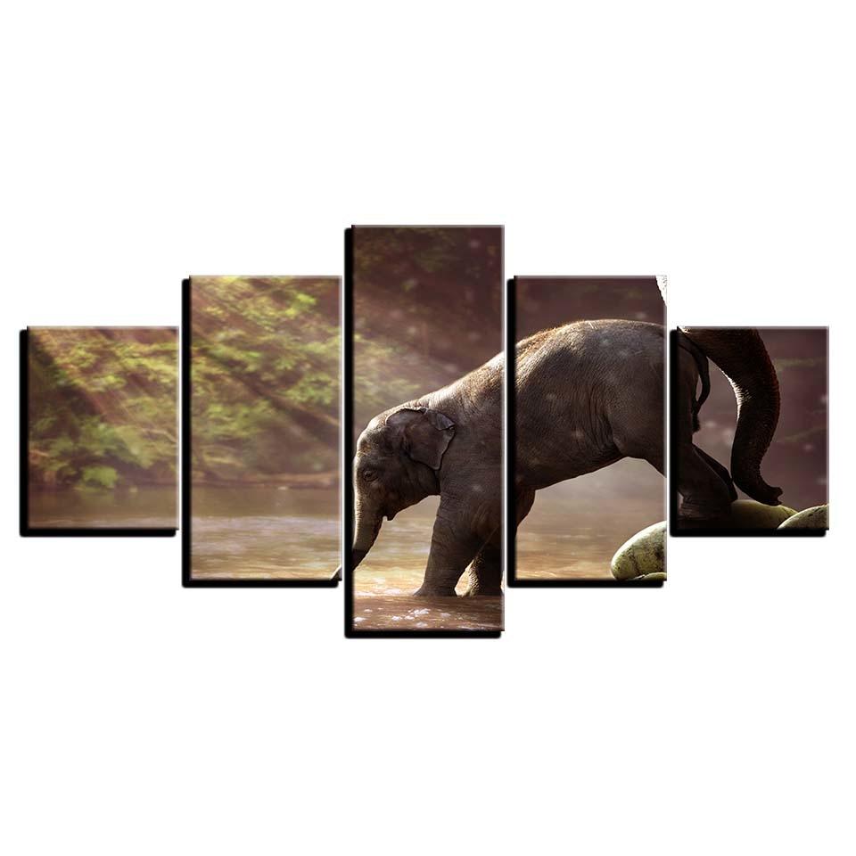Elephant Drinking 5 Piece HD Multi Panel Canvas Wall Art Frame - Original Frame