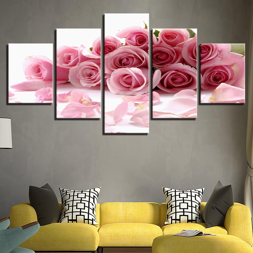Pink Roses Bouquet 5 Piece HD Multi Panel Canvas Wall Art - Original Frame