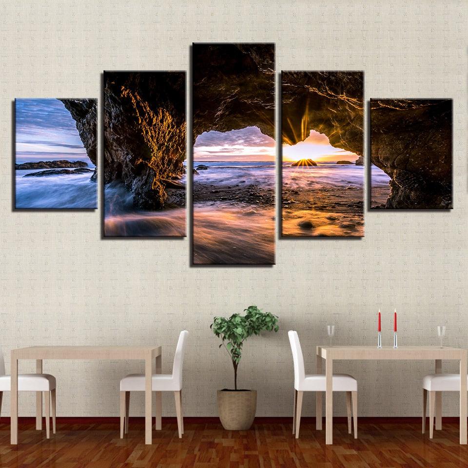 Sunrise on Ocean Waves 5 Piece HD Multi Panel Canvas Wall Art Frame - Original Frame