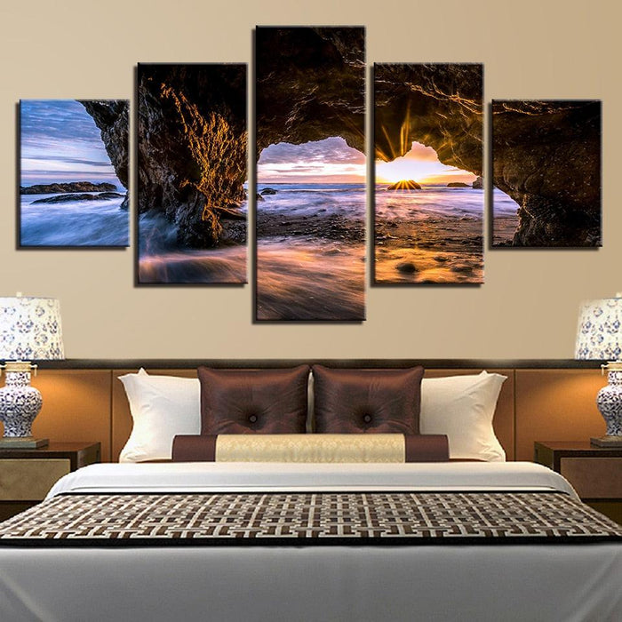 Sunrise on Ocean Waves 5 Piece HD Multi Panel Canvas Wall Art Frame - Original Frame