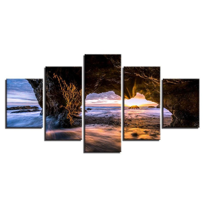 Sunrise on Ocean Waves 5 Piece HD Multi Panel Canvas Wall Art Frame - Original Frame