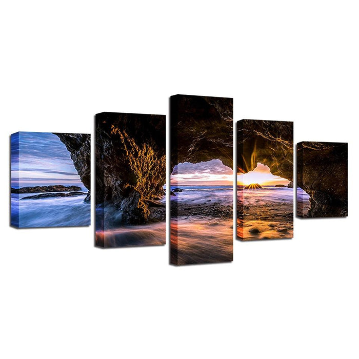 Sunrise on Ocean Waves 5 Piece HD Multi Panel Canvas Wall Art Frame - Original Frame