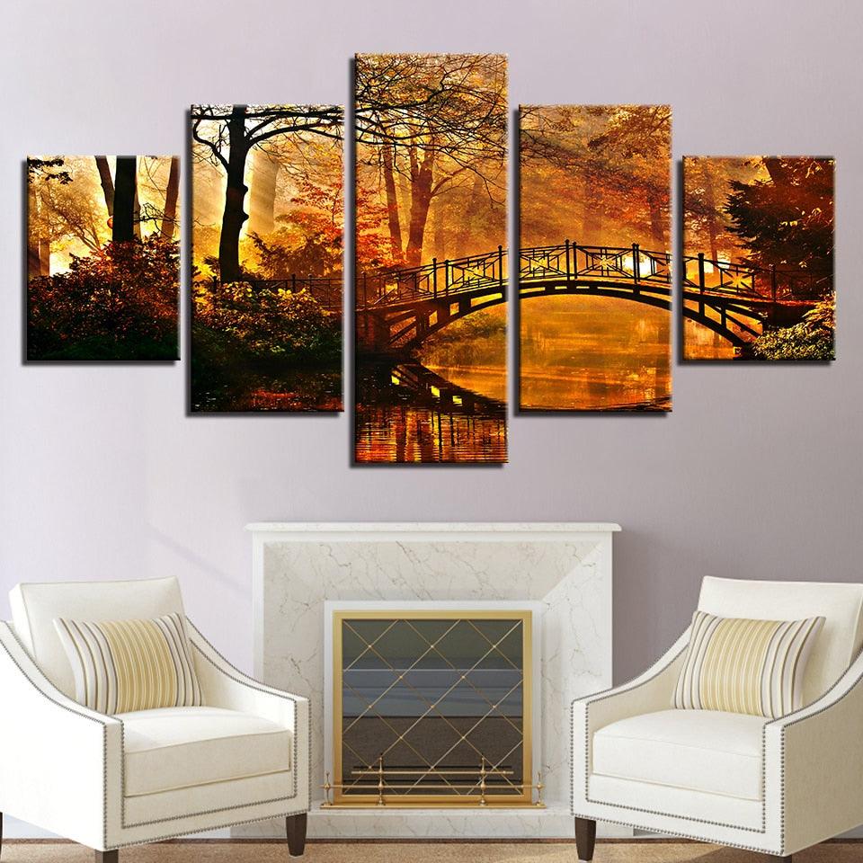 Sun Shining Bridge 5 Piece HD Multi Panel Canvas Wall Art Frame - Original Frame