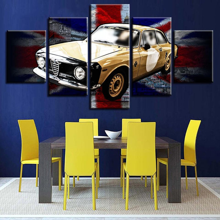 British Flag And Yellow Car 5 Piece HD Multi Panel Canvas Wall Art Frame - Original Frame