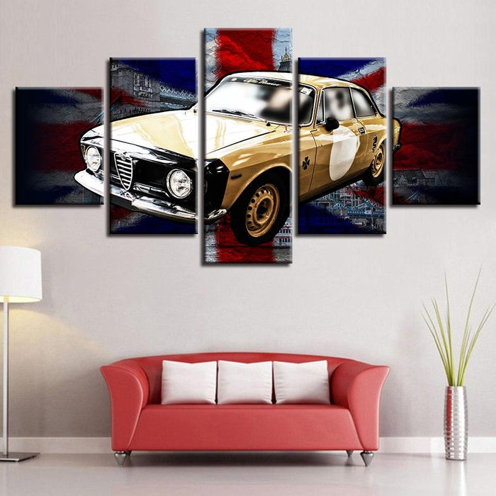 British Flag And Yellow Car 5 Piece HD Multi Panel Canvas Wall Art Frame - Original Frame