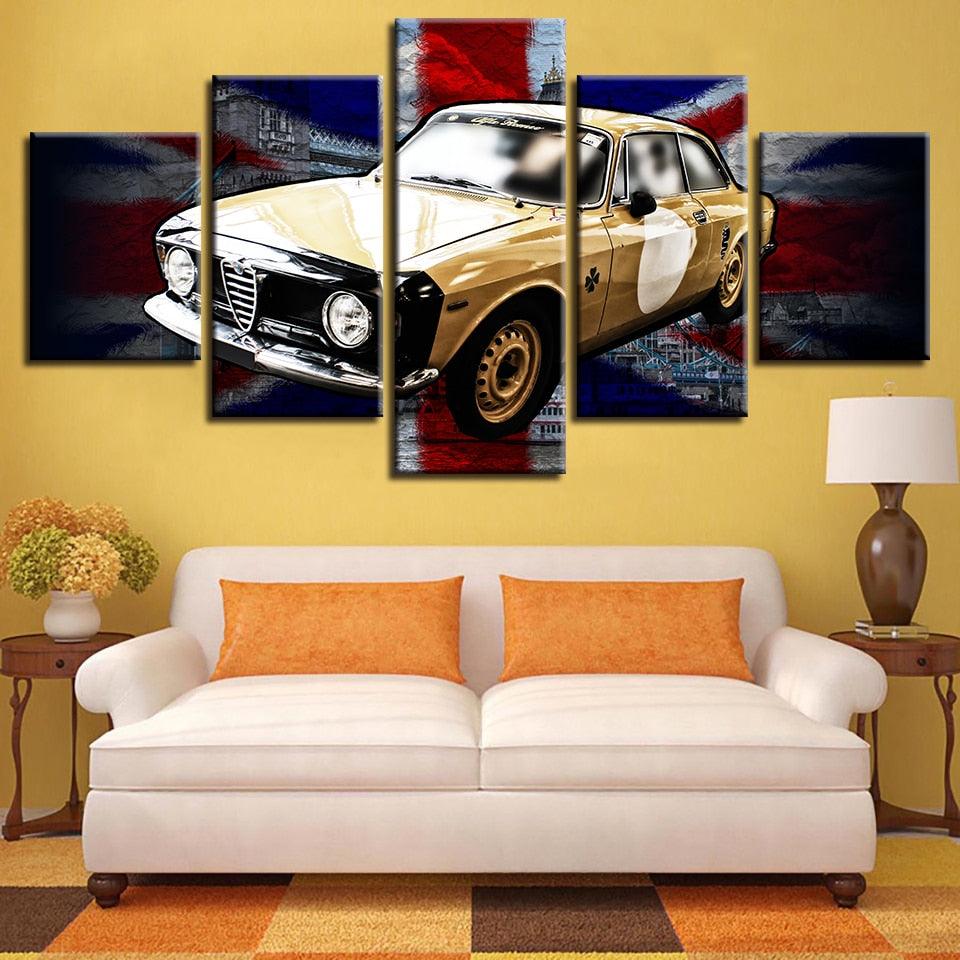 British Flag And Yellow Car 5 Piece HD Multi Panel Canvas Wall Art Frame - Original Frame