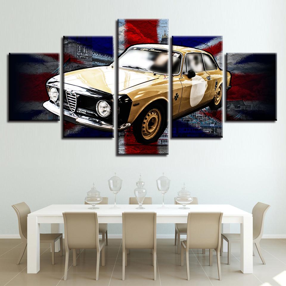 British Flag And Yellow Car 5 Piece HD Multi Panel Canvas Wall Art Frame - Original Frame