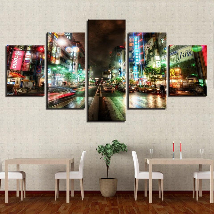 Bustling City Night Street 5 Piece HD Multi Panel Canvas Wall Art Frame - Original Frame