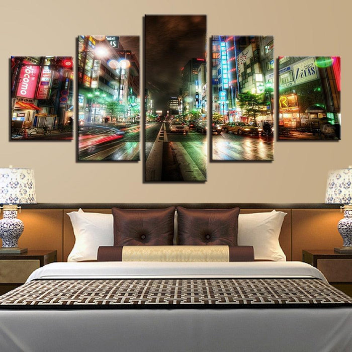 Bustling City Night Street 5 Piece HD Multi Panel Canvas Wall Art Frame - Original Frame