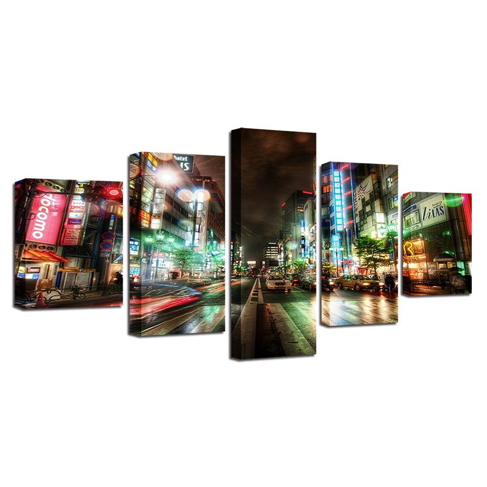 Bustling City Night Street 5 Piece HD Multi Panel Canvas Wall Art Frame - Original Frame