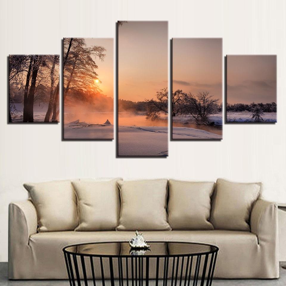 Winter Snow Sunrise 5 Piece HD Multi Panel Canvas Wall Art Frame - Original Frame