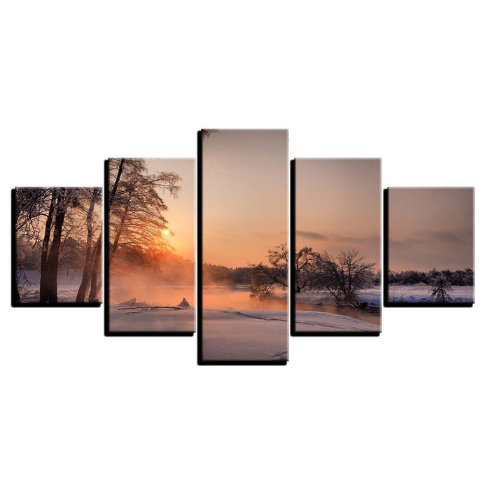 Winter Snow Sunrise 5 Piece HD Multi Panel Canvas Wall Art Frame