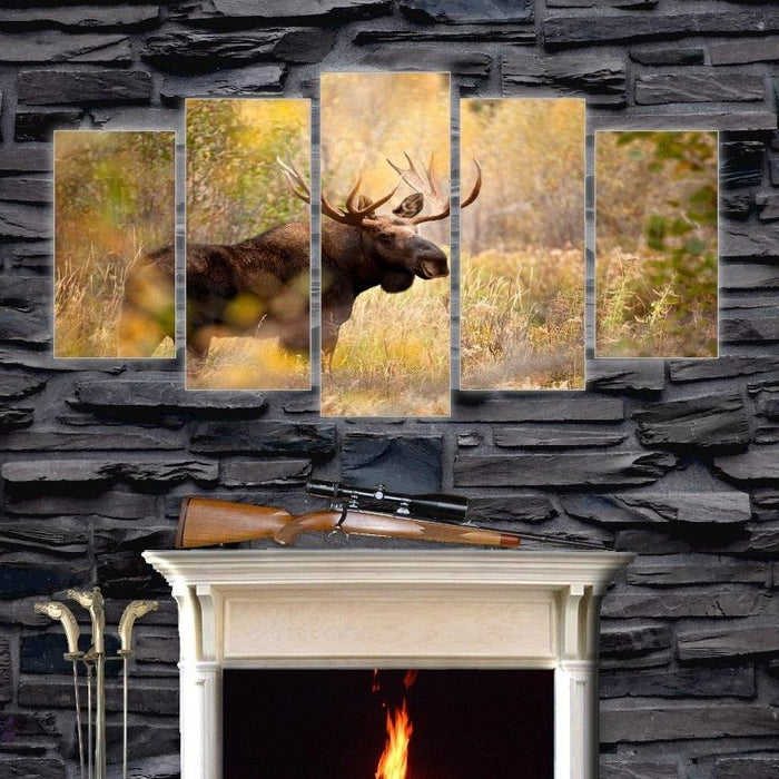Old Elk In Forest 5 Piece HD Multi Panel Canvas Wall Art Frame