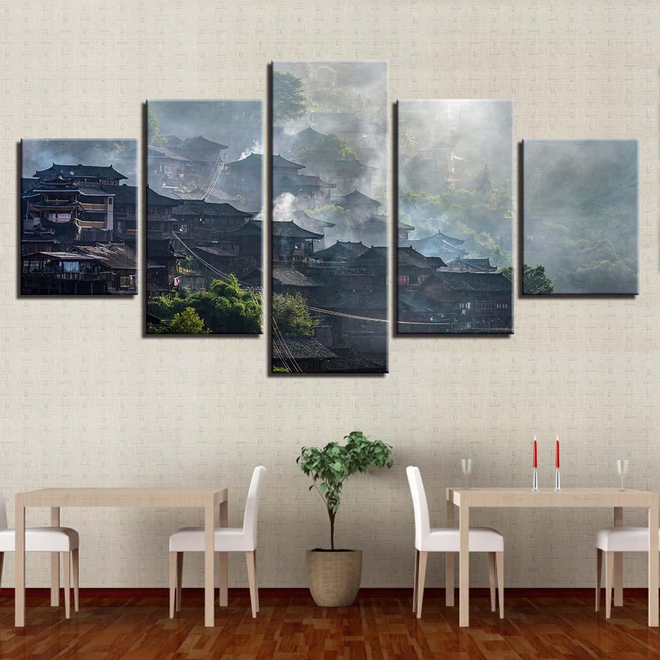 Retro Building Towers 5 Piece HD Multi Panel Canvas Wall Art Frame - Original Frame