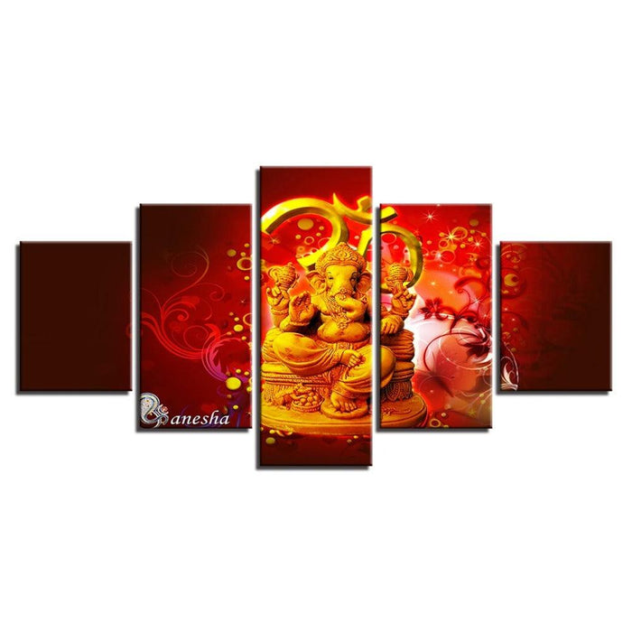 Hindu God Ganesha 5 Piece HD Multi Panel Canvas Wall Art Frame - Original Frame