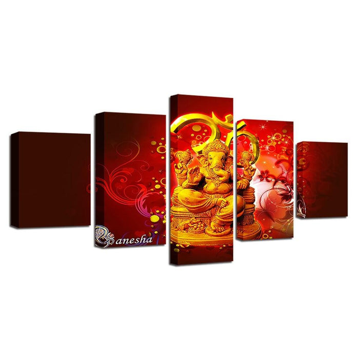 Hindu God Ganesha 5 Piece HD Multi Panel Canvas Wall Art Frame - Original Frame