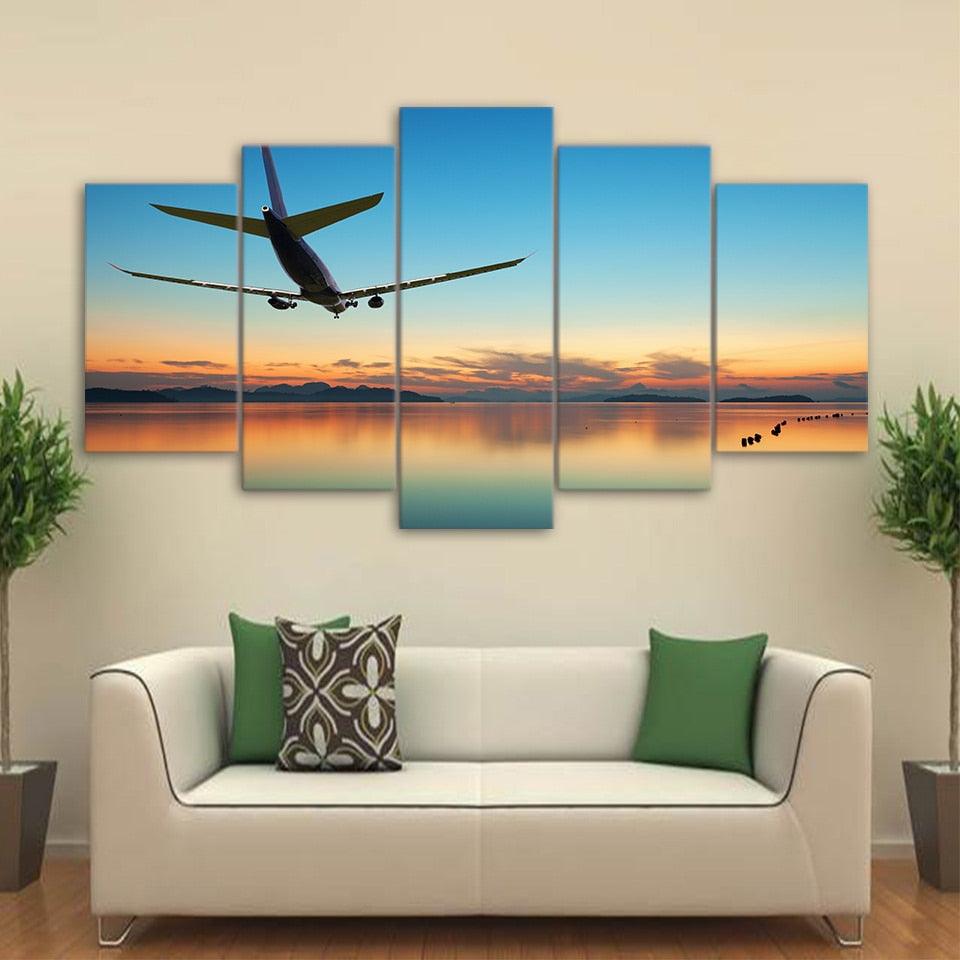 Airplane Sunset 5 Piece HD Multi Panel Canvas Wall Art Frame - Original Frame