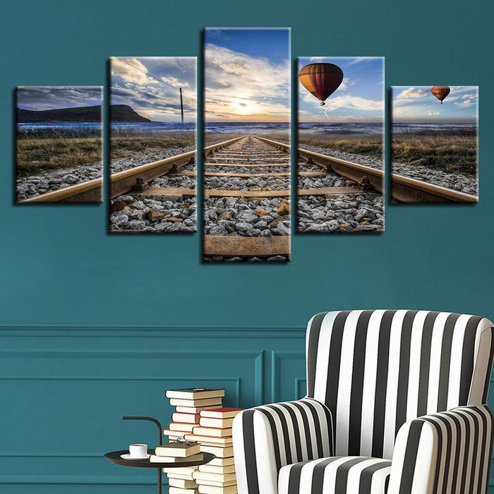 Railway Hot Air Balloon 5 Piece HD Multi Panel Canvas Wall Art - Original Frame