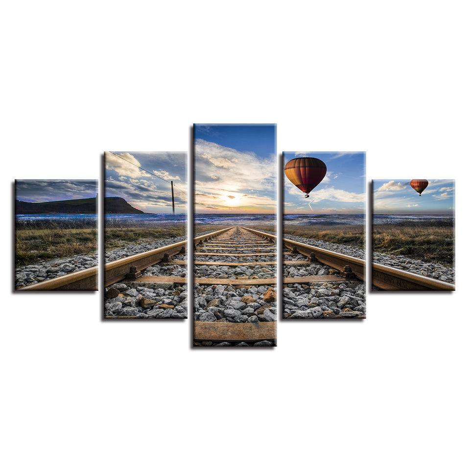 Railway Hot Air Balloon 5 Piece HD Multi Panel Canvas Wall Art - Original Frame