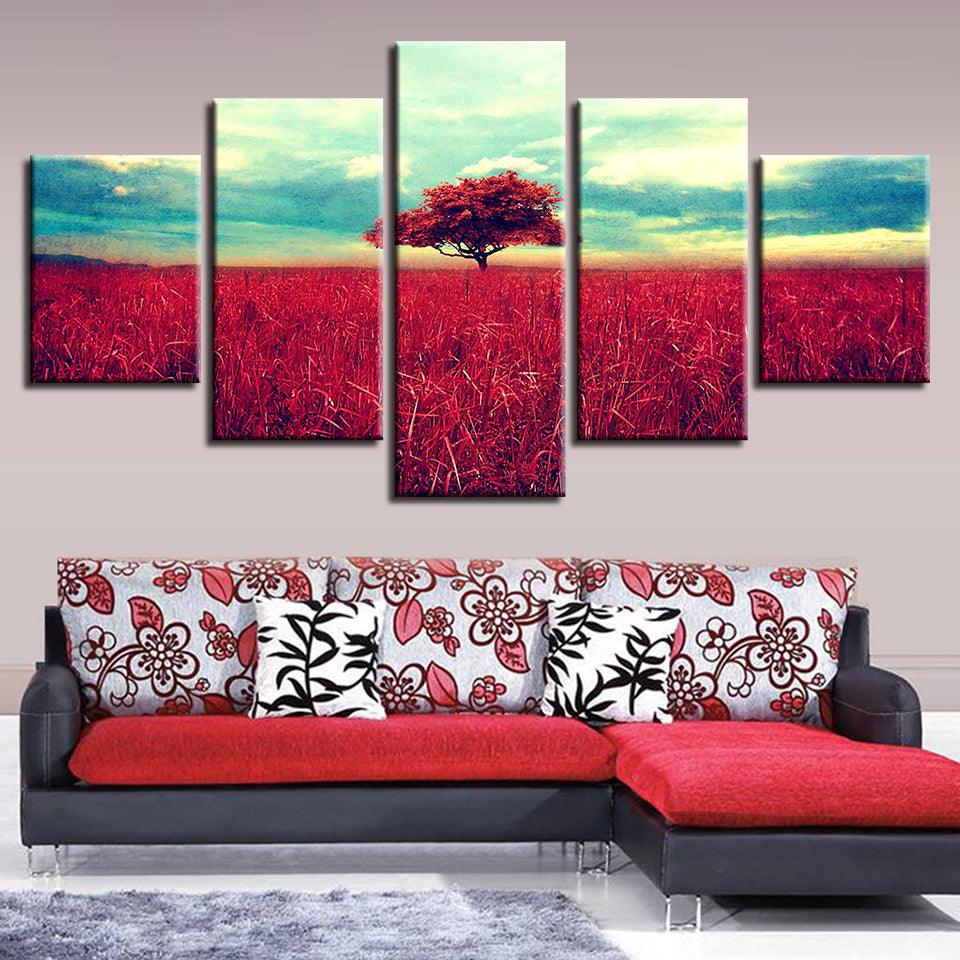 Red Tree & Grasslands 5 Piece HD Multi Panel Canvas Wall Art Frame - Original Frame