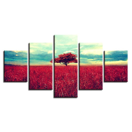 Red Tree & Grasslands 5 Piece HD Multi Panel Canvas Wall Art Frame - Original Frame