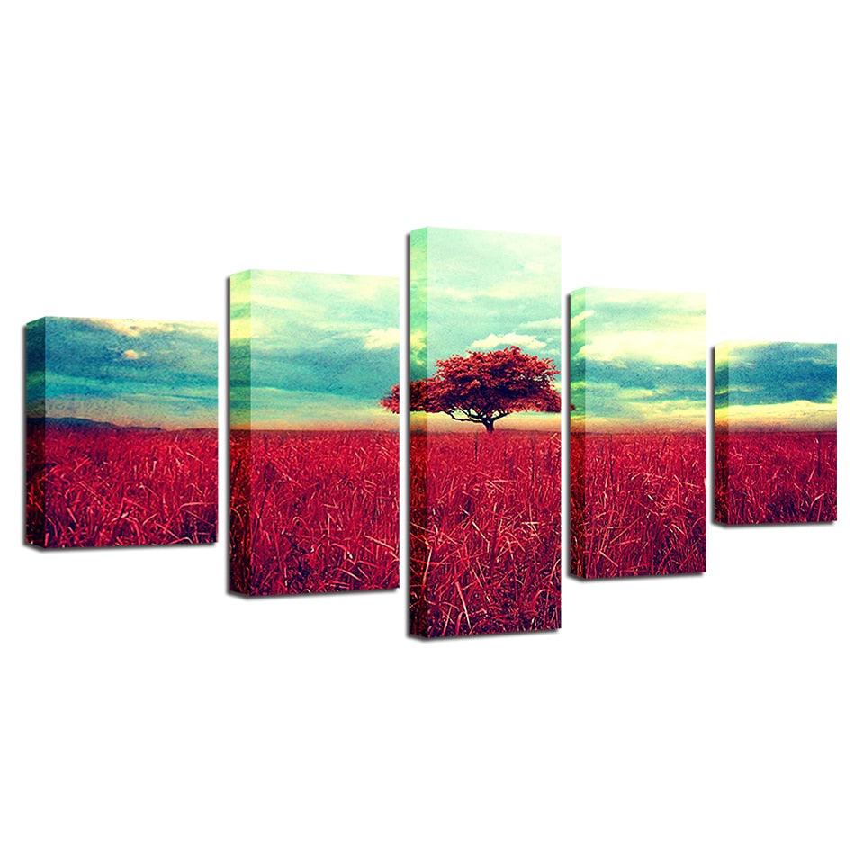Red Tree & Grasslands 5 Piece HD Multi Panel Canvas Wall Art Frame - Original Frame
