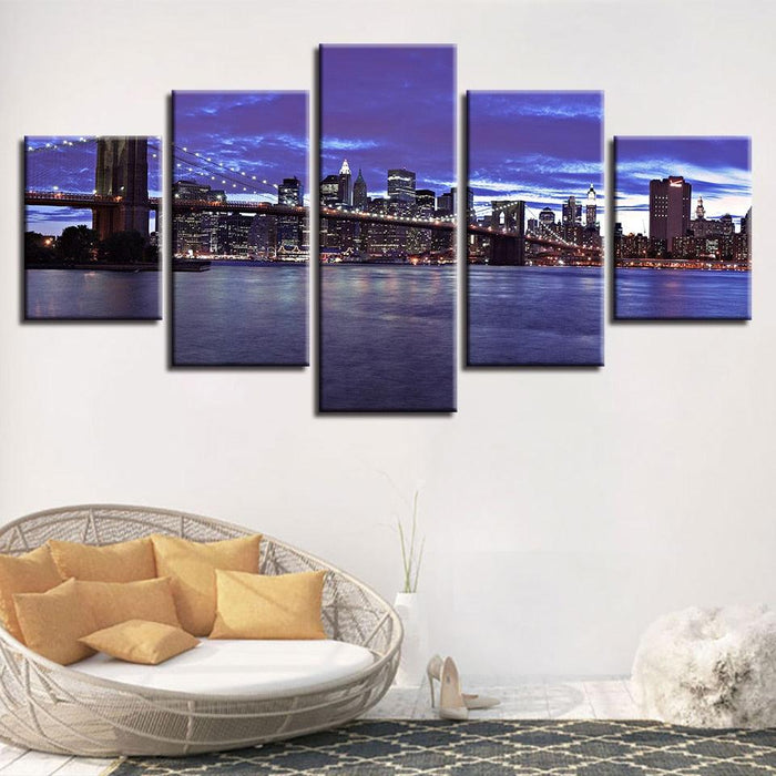 Brooklyn Bridge City Night View 5 Piece HD Multi Panel Canvas Wall Art Frame - Original Frame