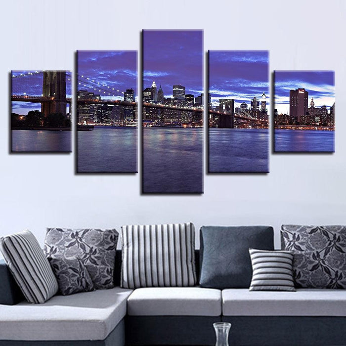 Brooklyn Bridge City Night View 5 Piece HD Multi Panel Canvas Wall Art Frame - Original Frame