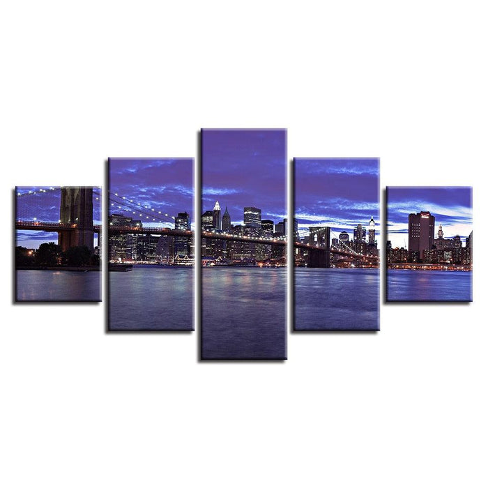 Brooklyn Bridge City Night View 5 Piece HD Multi Panel Canvas Wall Art Frame - Original Frame