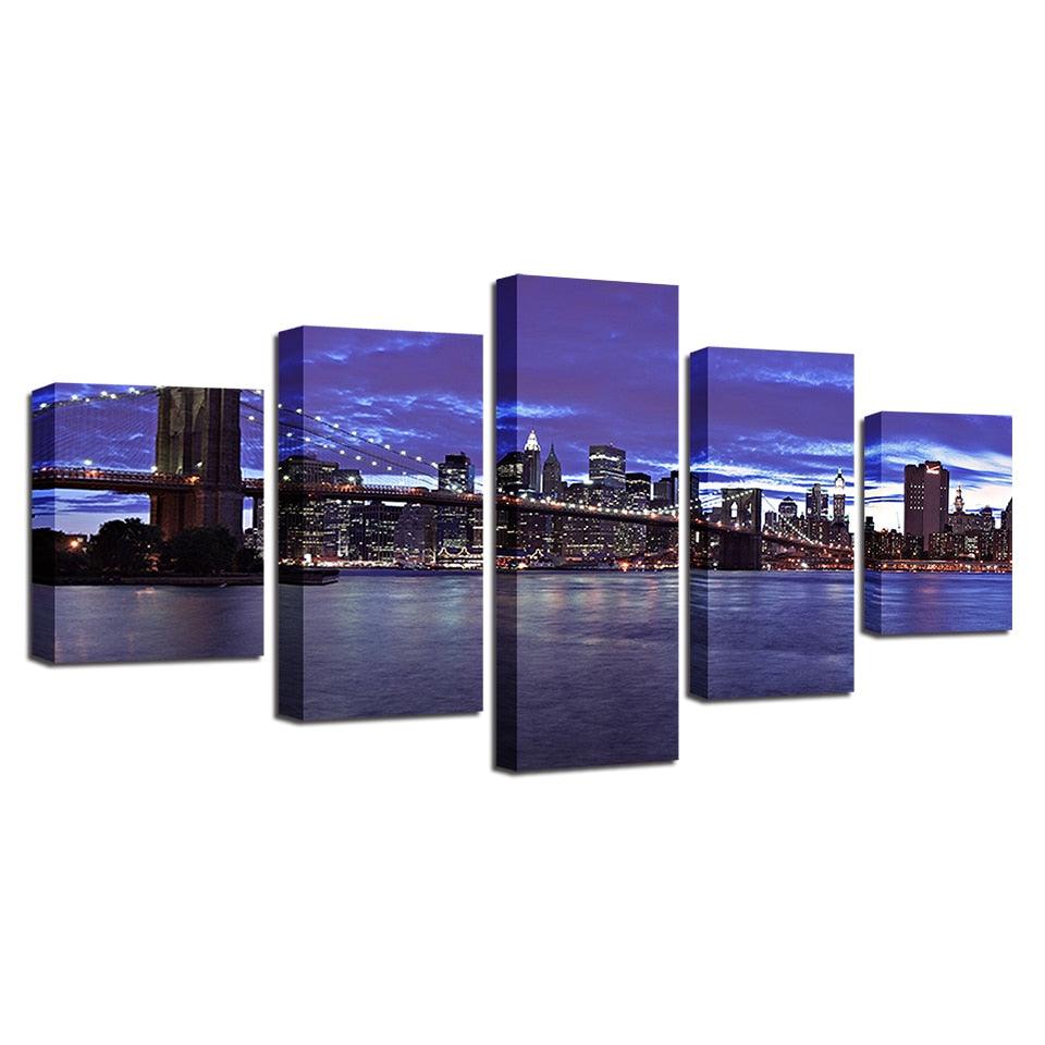 Brooklyn Bridge City Night View 5 Piece HD Multi Panel Canvas Wall Art Frame - Original Frame
