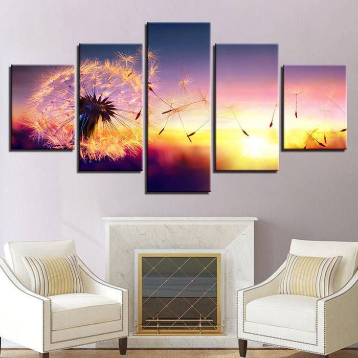 Dandelion In Sunset 5 Piece HD Multi Panel Canvas Wall Art Frame