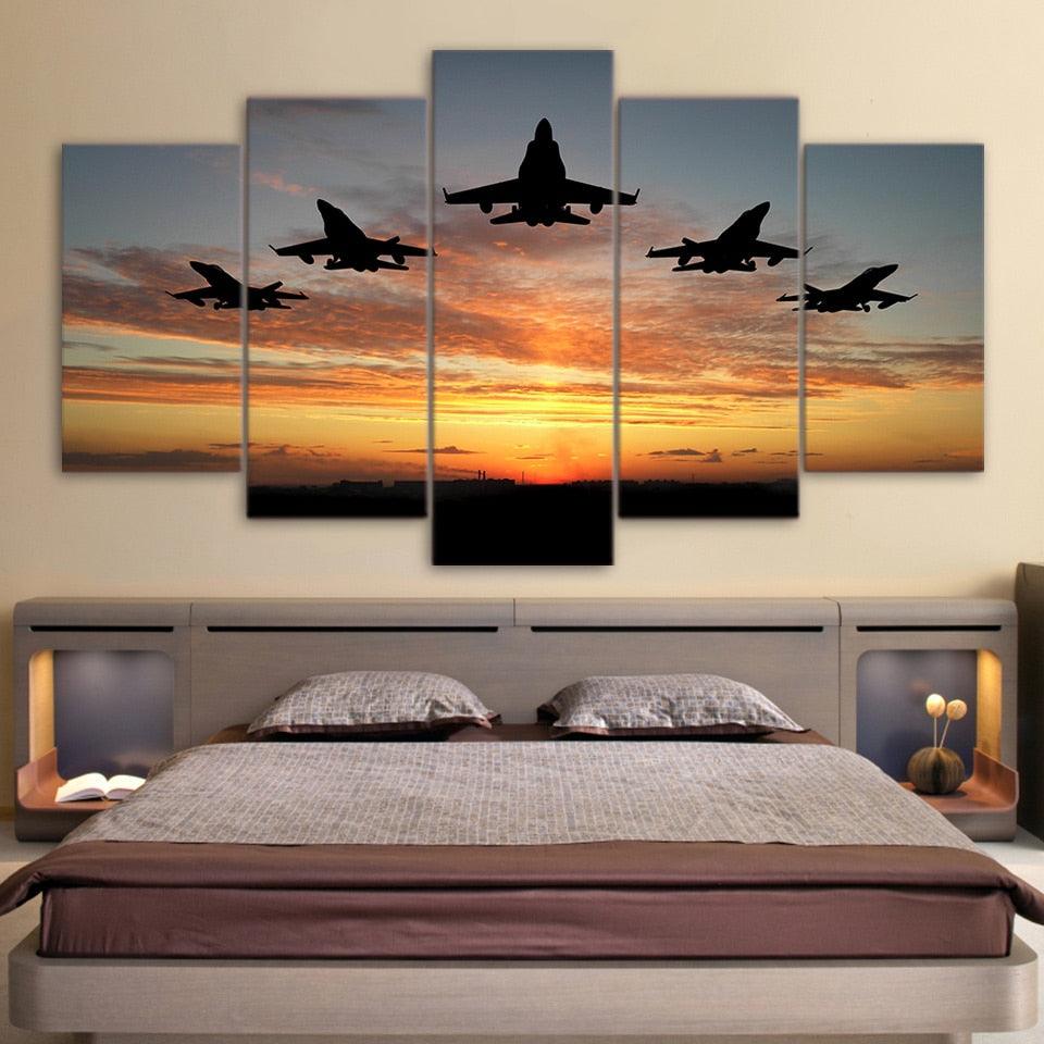 Flying Airplanes Sunset 5 Piece HD Multi Panel Canvas Wall Art Frame - Original Frame