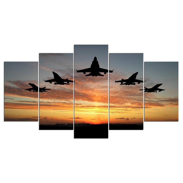 Flying Airplanes Sunset 5 Piece HD Multi Panel Canvas Wall Art Frame - Original Frame