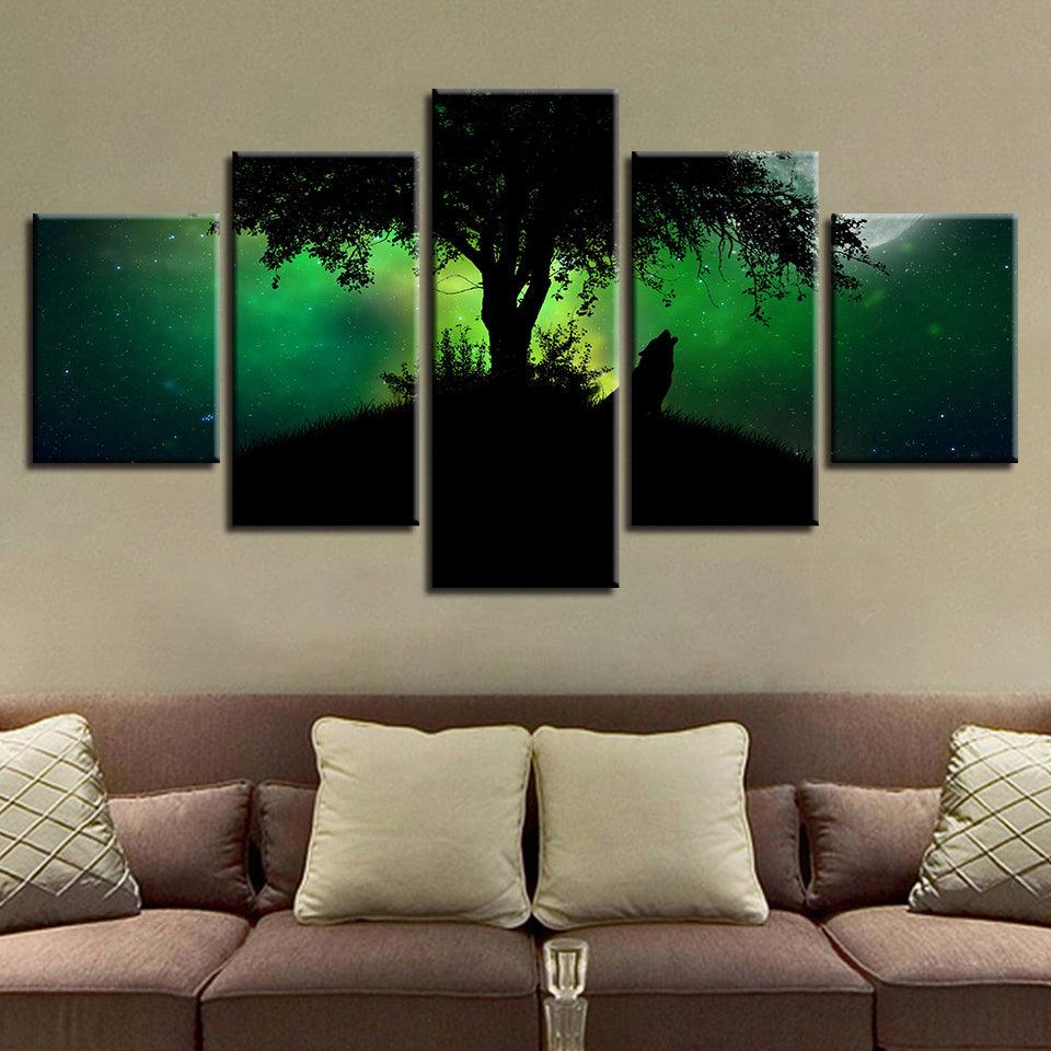Green Forest Night Wolf Howl 5 Piece HD Multi Panel Canvas Wall Art Frame - Original Frame