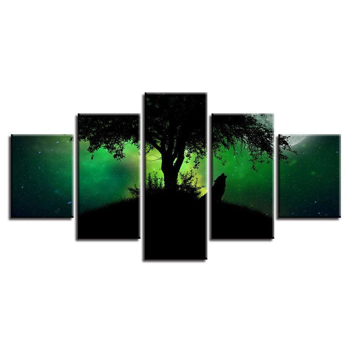 Green Forest Night Wolf Howl 5 Piece HD Multi Panel Canvas Wall Art Frame - Original Frame