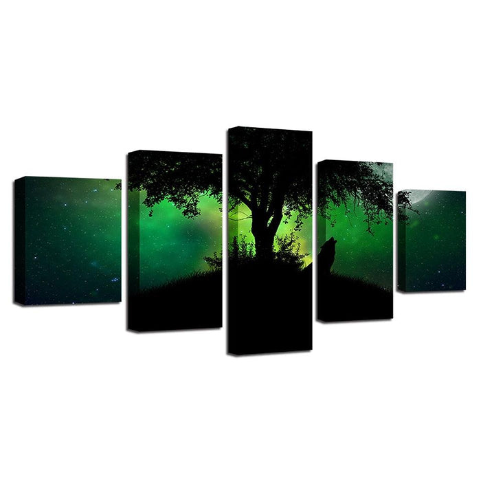 Green Forest Night Wolf Howl 5 Piece HD Multi Panel Canvas Wall Art Frame - Original Frame