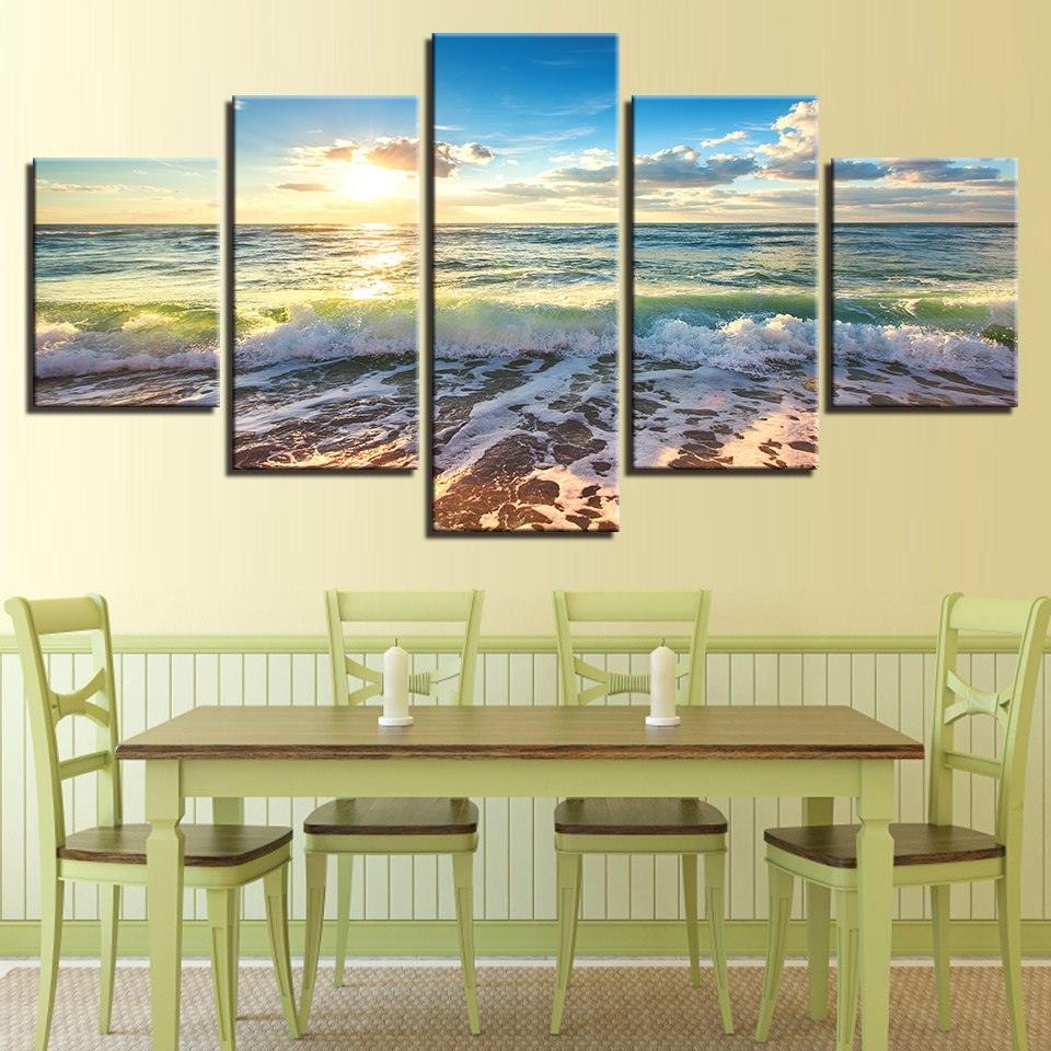 Sunshine Beach Waves 5 Piece HD Multi Panel Canvas Wall Art Frame - Original Frame
