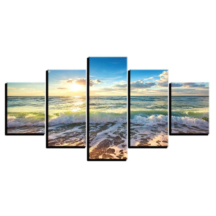 Sunshine Beach Waves 5 Piece HD Multi Panel Canvas Wall Art Frame