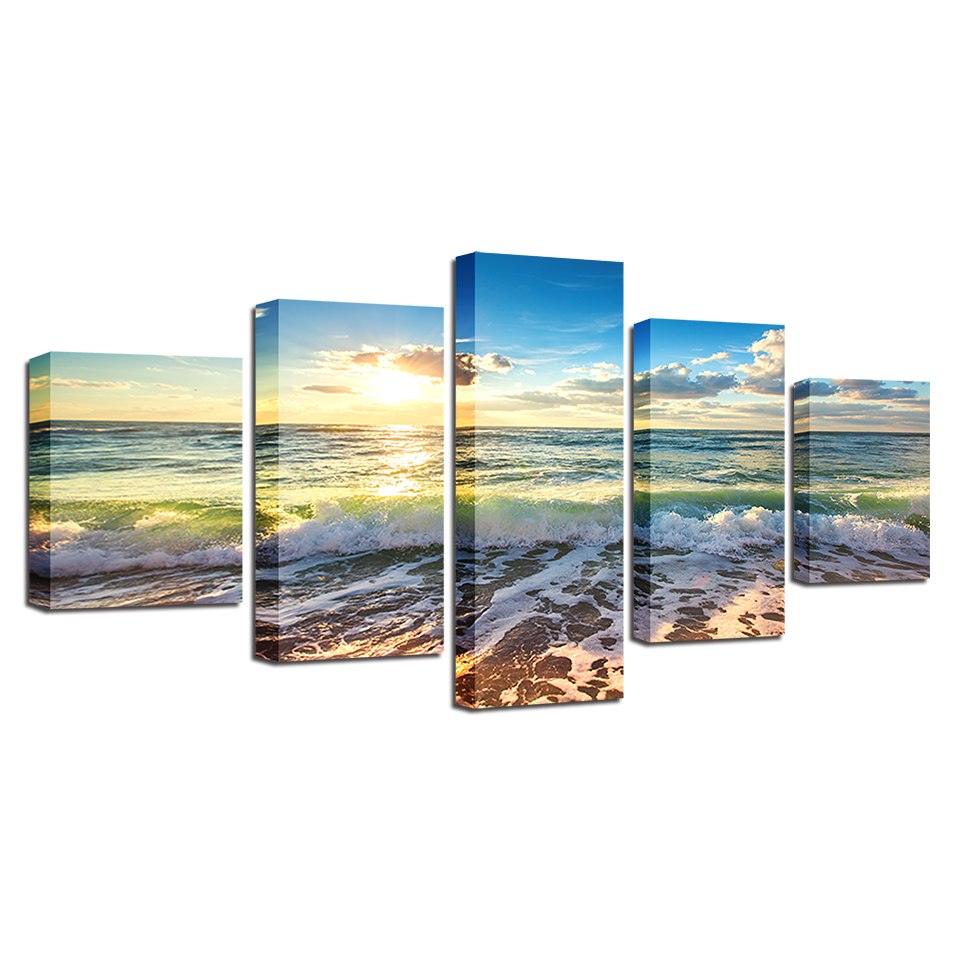 Sunshine Beach Waves 5 Piece HD Multi Panel Canvas Wall Art Frame - Original Frame