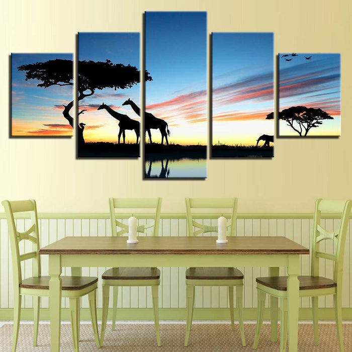 African Animal Giraffe 5 Piece HD Multi Panel Canvas Wall Art Frame - Original Frame