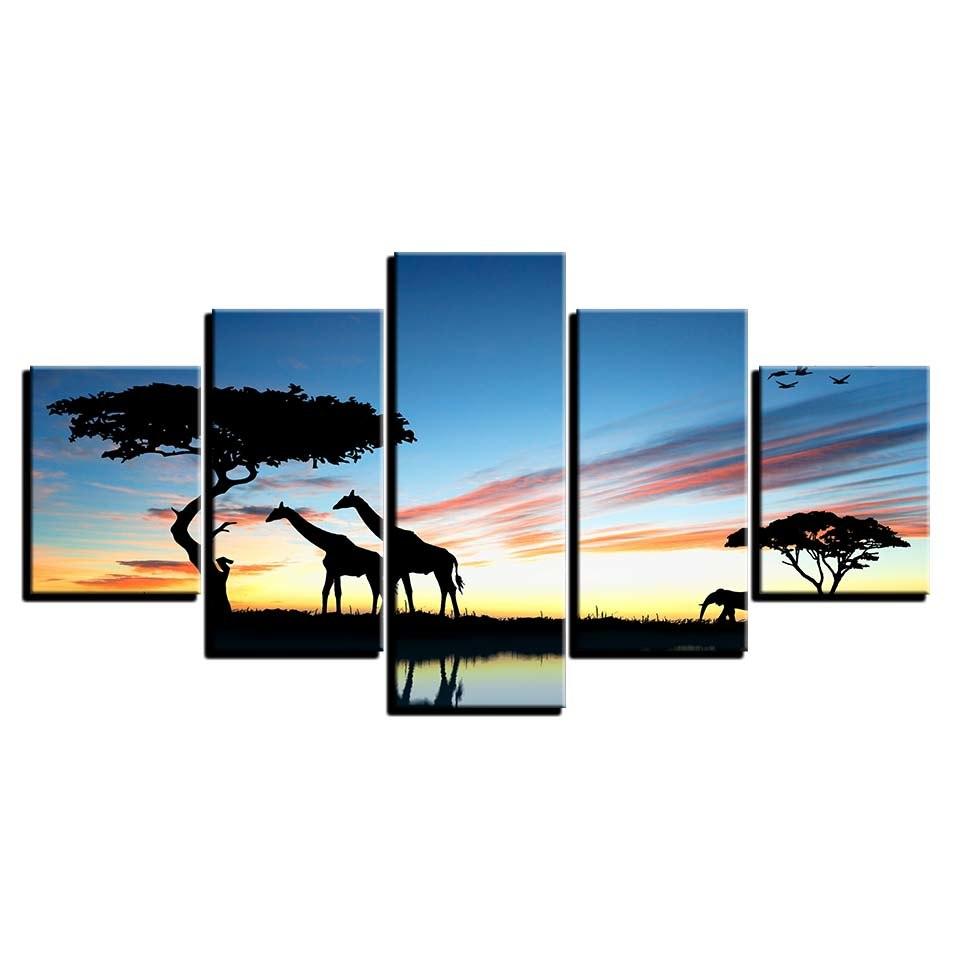 African Animal Giraffe 5 Piece HD Multi Panel Canvas Wall Art Frame - Original Frame